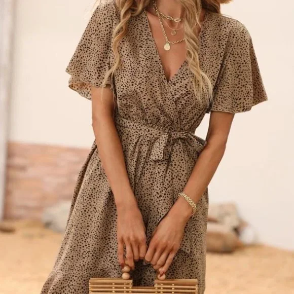 Dalmatian Butterfly Sleeve Wrap belted Dress Tan - Picture 4 of 5